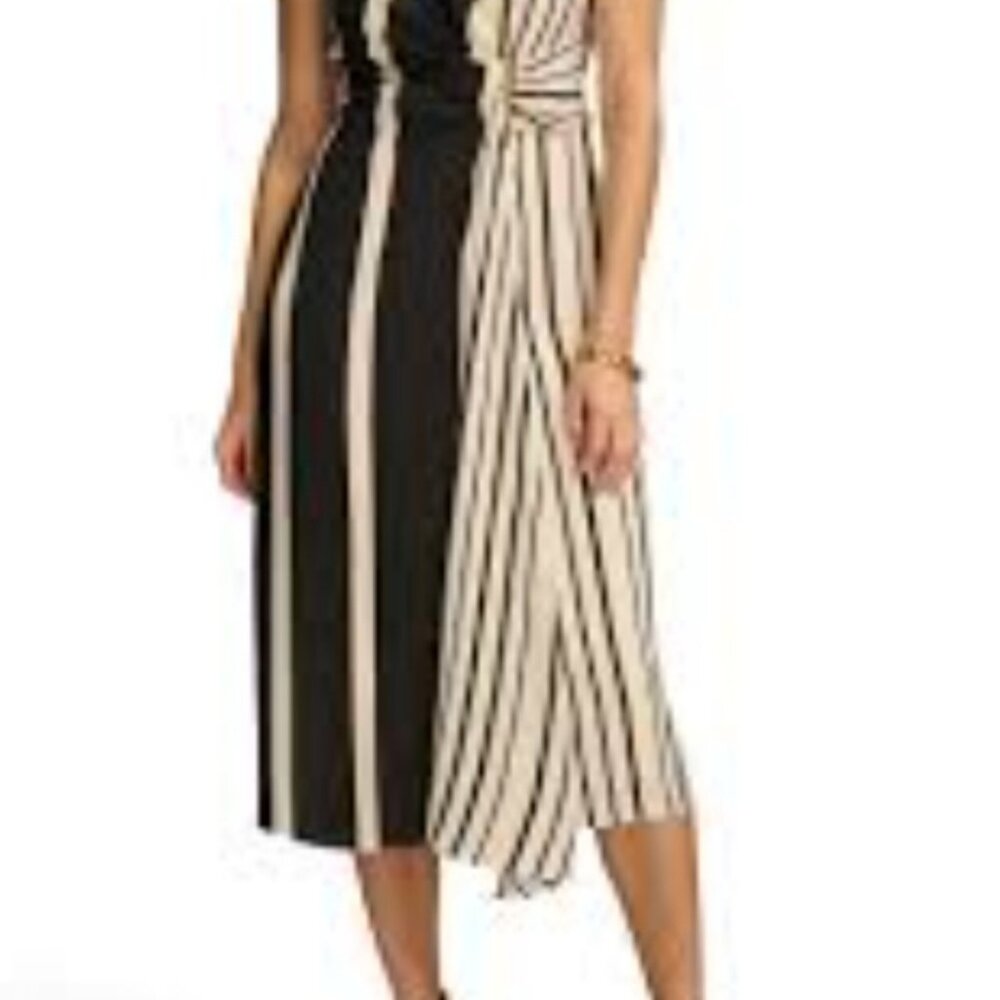 Donna Karan Black & Cream Striped Midi Dress with gold bar detail